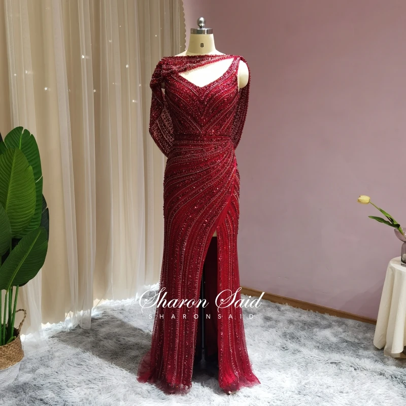 rose gold prom dress Luxury Silver Mermaid Dubai Evening Dress with Cape 2022 Heavy Beaded Side Slit Prom Dresses for Women Wedding Party Formal Gown burgundy prom dresses Prom Dresses