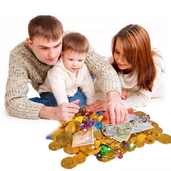 

Besegad Kids Pirate Treasure Box Gold Coins Diamond Crystal Gems Jewelry Paper Cash Finger Ring Halloween Party Pirate Game Toy