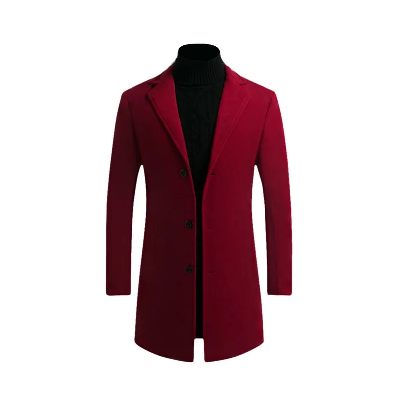 SHUJIN, Осеннее мужское шерстяное длинное пальто, приталенный деловой мужской Тренч, мужской однотонный однобортный длинный пиджак размера плюс 5XL - Цвет: burgundy