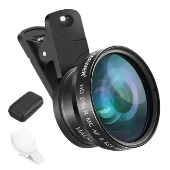 

Neewer Phone Camera Lens Clip-on Cellphone Camera Lens Kit - 0.43x Wide Angle Lens, 15x Macro Lens, Lens Clip, Mini LED Light