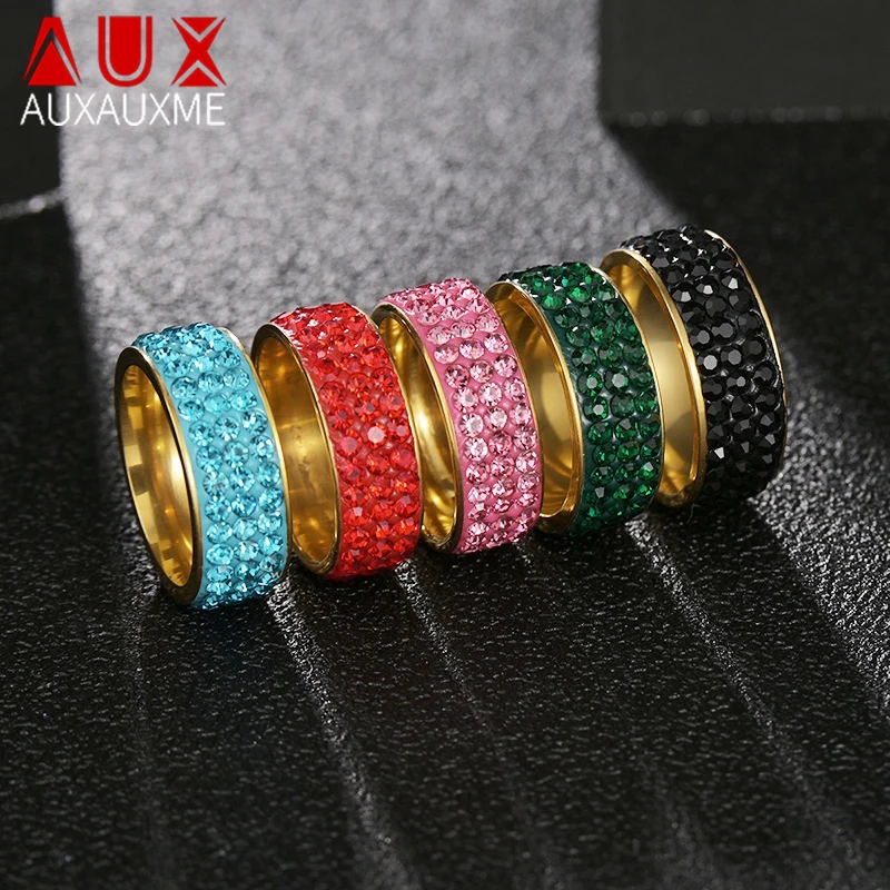 Auxauxme Fashion 3 Rows White Stone Wedding Rings For Women Stainless Steel Pink Red Green Stones Engagement Jewelry For Lover