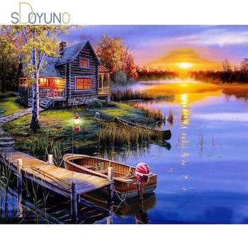 

SDOYUNO seascape painting by numbers with frame for adults diy Lakeside boat acrylic paint kits Home Decor Gift Canvas Drawing