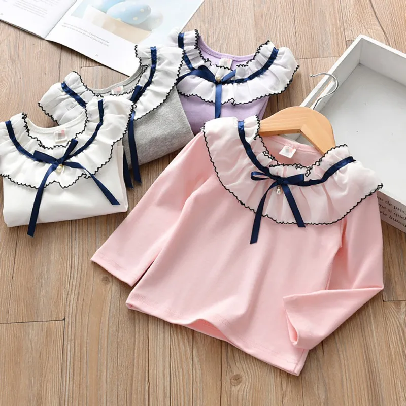 

Toddler Baby Girls Spring T Shirts Long Sleeve Ruffles Candy Color Tops Children Girl Casual Solid T Shirts Clothes