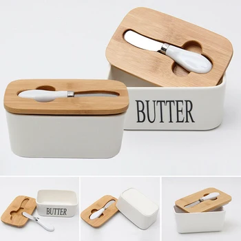 

Nordic Butter Box Ceramic Container Storage Tray Dish Cheese Food Tool Kitchen Keeper Wood Cover Sealing Plate+ Knife