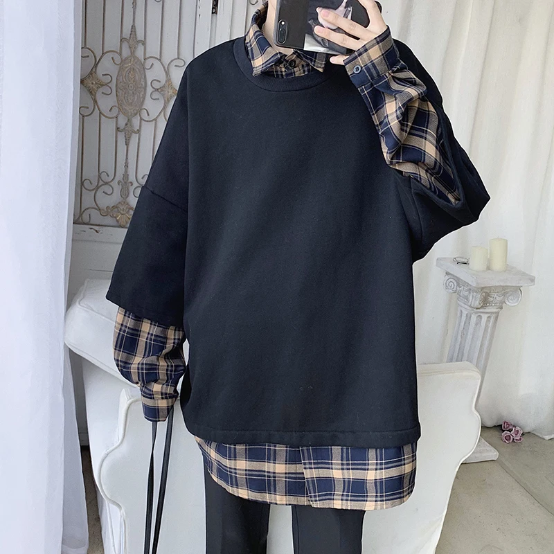 

Plaid Stitching Fake Two Hoodie Men's Fashion Casual Lapel Pullover Hoodies Men Streetwear Loose Hip Hop Sweatshirt Mens M-2XL