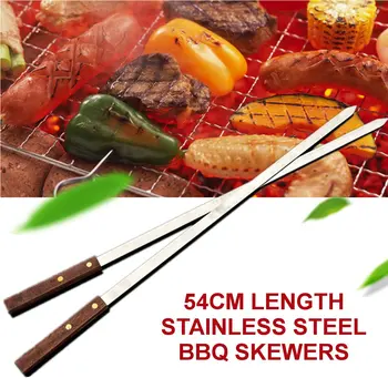 

1Pcs 54CM Stainless Steel Wire BBQ Skewers Wood Handle Grill Roasting Sticks Wide Grill Barbecue Fork BBQ Tools Accessories