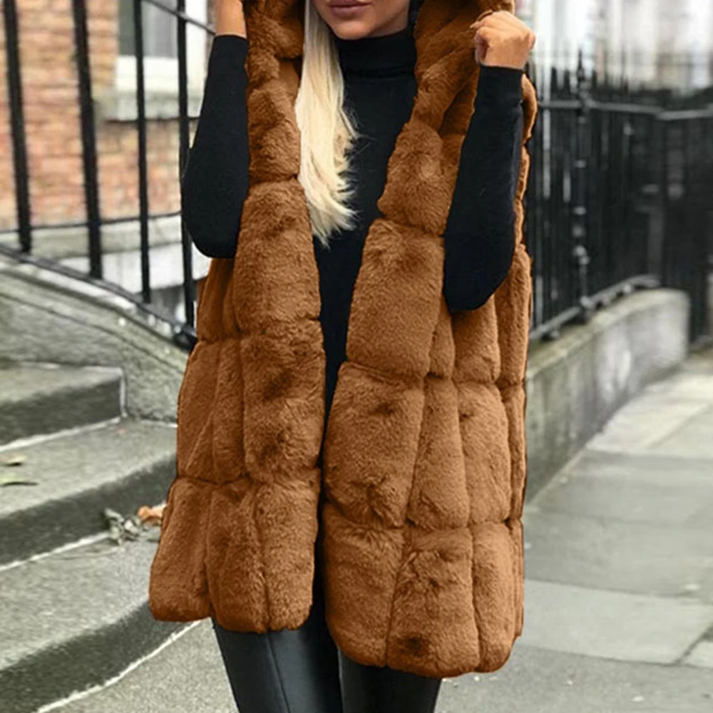 WENYUJH New Arrival Women Winter Vests Coats Faux Fur Gilet Vest Sleeveless Waistcoat Warm Femme Hooded Long Jacket Outwear