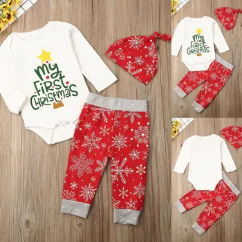 

Newborn Christmas Baby Girl 0-18M Infant 3pcs Clothes Romper Tops Floral Pants Outfits Set