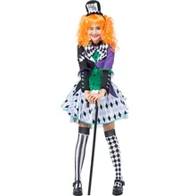 Для взрослых женщин Хэллоуин Mad Hatter Алиса клоун цирк костюм Необычные Cos короткое платье-пачка шуточная одежда для подростков горячие девушки