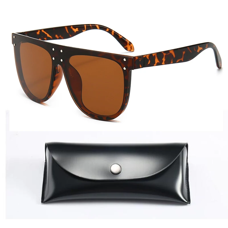 Розовые зеркальные негабаритные солнцезащитные очки для женщин с заклепками, трендовые солнцезащитные очки с плоским верхом, мужские Модные брендовые дизайнерские Квадратные Солнцезащитные очки - Цвет линз: C3 Leopard W box