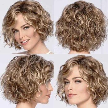 

Tinashe Beauty Short Mixed Brown and Blonde Color Natural Wave Wig Heat Resistant Synthetic Hair Wigs For Women Female Daily Wig