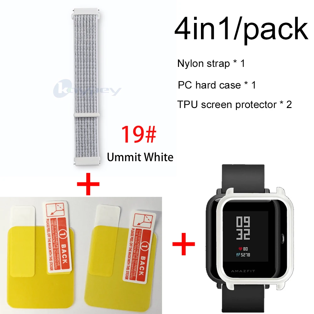 4в1 для Xiaomi Huami Amazfit ремешок bip браслет нейлоновая петля Smartwatch Браслет amazfit bip чехол с защитой экрана - Цвет: 19-White case