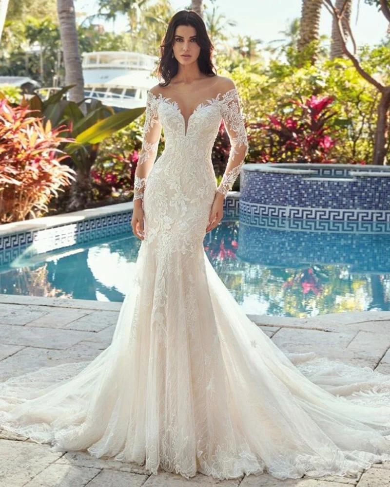 2020 Индивидуальные аппликации Кружева Русалка Свадебные платья Vestido De Novia Sirena длинный рукав труба невесты платье Alibaba Китай