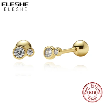 

ELESHE European 18K Gold Plated CZ Stud Earring 925 Sterling Silver Double Diamond Barbell Earrings for Women Wedding Jewelry