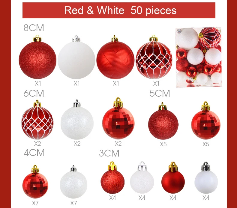 50 шт./лот, Рождественские шары смешанного размера 3 см/5 см/6 см/8 см, подвесные шары, рождественские безделушки, украшения для дома, рождественский подарок