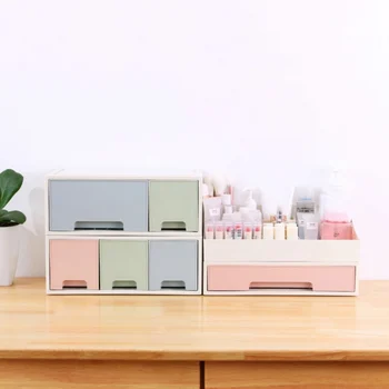 

Household Desktop Sundries Cosmetic Plastic Makeup Organizer Make Up Brush Storage box with Drawer Cotton Swabs Stick Storage