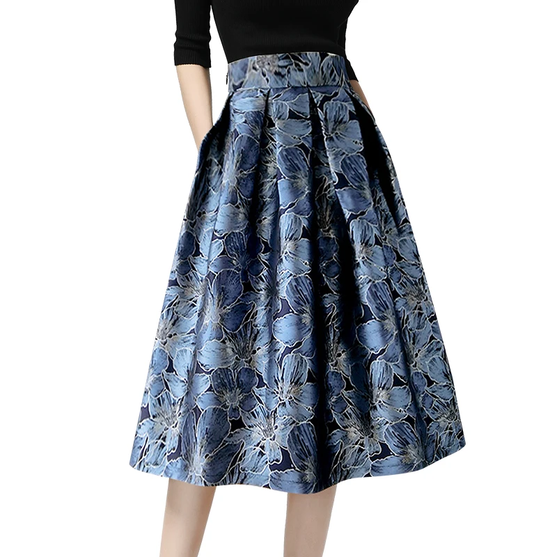 Falda De Jacquard Azul Plisada Para Mujer, Faldas Midi Cintura Alta, Línea Vintage, Elegante, Talla Grande, Pantalones Casuales Para 2021 - Faldas - AliExpress