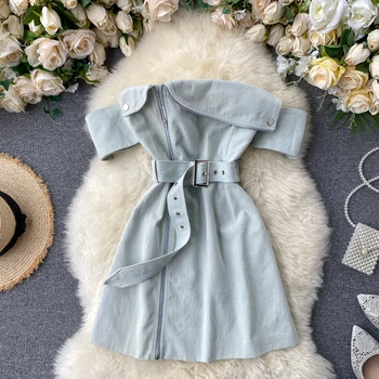 

FTLZZ 2020 New Summer Women Sexy Off Shoulder Strapless Dresses Female Zipper High Waist Denim Dress With Belt