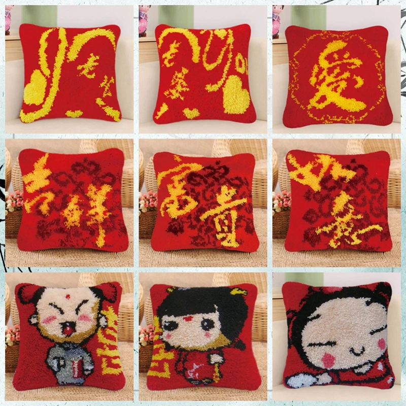 

Needlework Latch Hook Pillow Red Cushions Set Latch Hook For Wedding Gifts Case Needle Embroidery Chinese Style Cross Stitch DIY