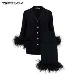 NHKDSASA Sleepwear for Women New Cute Silk Cotton Light Luxury Ostrich Wool Pajamas Two-Piece Set Solid Color Home Suit