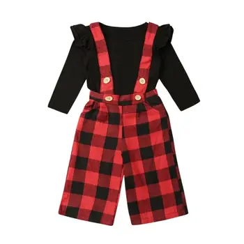 

CANIS 2Pcs Newborn Kid Baby Girl Clothes Long Sleeve Ruffles Top T-shirt Button Plaid Strap Pants Xmas Outfit Set