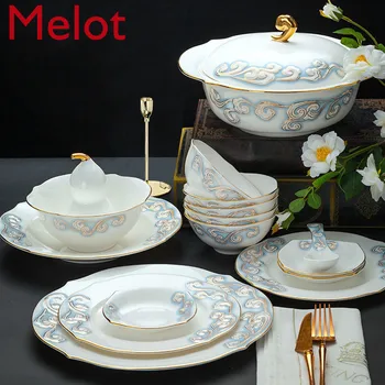 

Dishes set household dishes chopsticks Jingdezhen ceramics simple gold painted bone china bowl plate tableware Chinese style