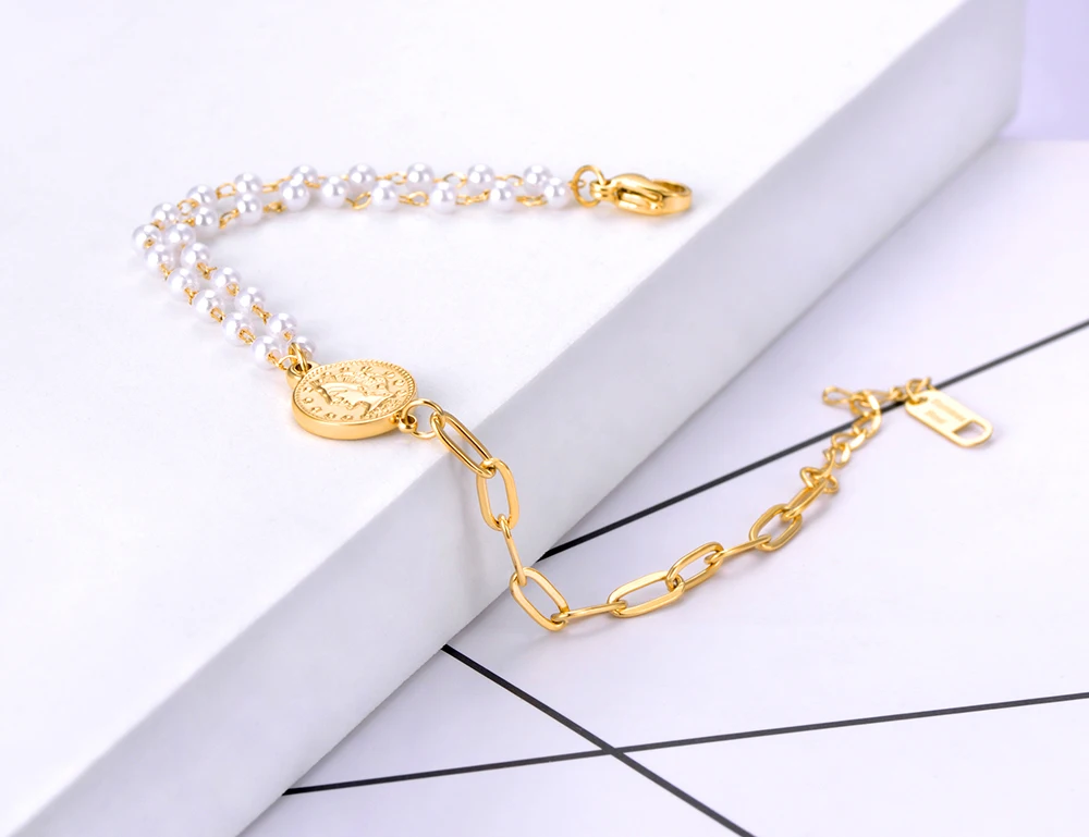 JeeMango Vintage Elizabeth Queen Münz-Charm-Armband aus Titan-Edelstahl mit schwarzen Kristallen und Perlen, Kette und Gliedern, Schmuck JB21030 – Detail 3