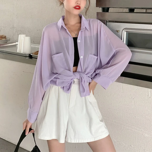 2023 Women Chiffon Blouse Shirt Long Sleeve Spring Summer Lilac