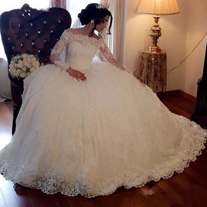 

Long Sleeve Lace Wedding Dresses Tulle Plus Size Ball Gown Off Shoulder Bride Bridal Wedding Weeding Dresses Wedding Gowns 2019