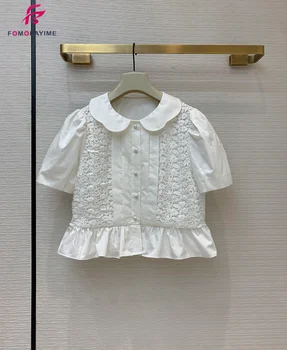 

2020 New Autumn Short Tops Empty Water-soluble Flower Patchwork Designer Lotus Leaf Lace Shirt Blouses Women