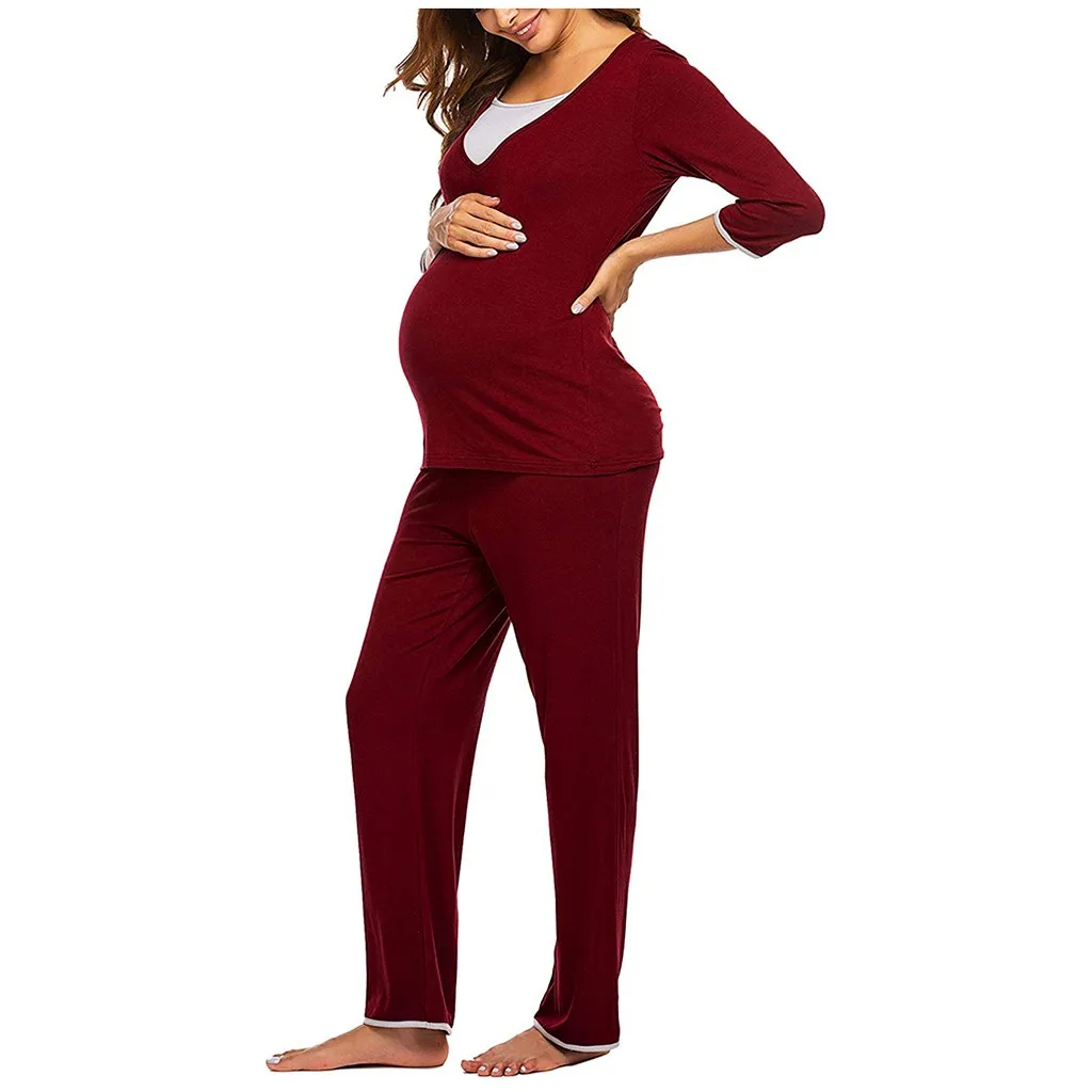 Комплект пижамы для кормящих женщин, зимняя ночная рубашка для кормления, топы и штаны, одежда для сна, пижама Allaitement, Одежда для беременных