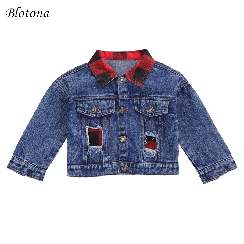 

Blotona Children Autumn Coat, Grid Lapel Long-Sleeves Denim Jacket with Ripped Design for Little Boys, Girls,1-6Y