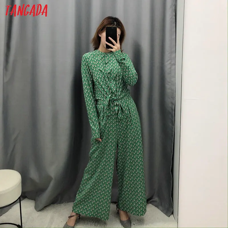 Tangada 2020 Fashion Women floral print green jumpsuit bow waist long sleeve strethy waist vintage female casual jumpsuit BE320