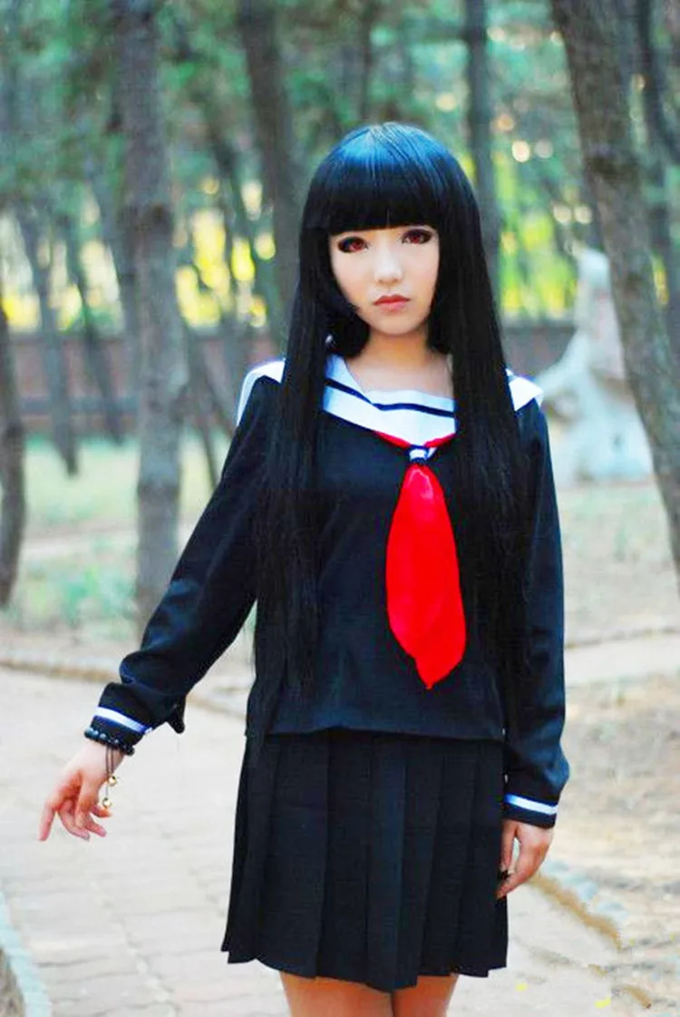 Japanese High School Girl Sailor Uniform Suit Cosplay Costume Long Sleeve Anime Jigoku Shojo Hell Enma Ai Dress |