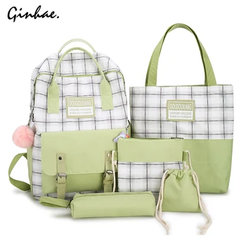 

Big Plaid Backpack Preppy Style Canvas Shoulder Bag For Women Patchwork 5Pcs School Bag For Girls Travel Large Capacity Bagpack