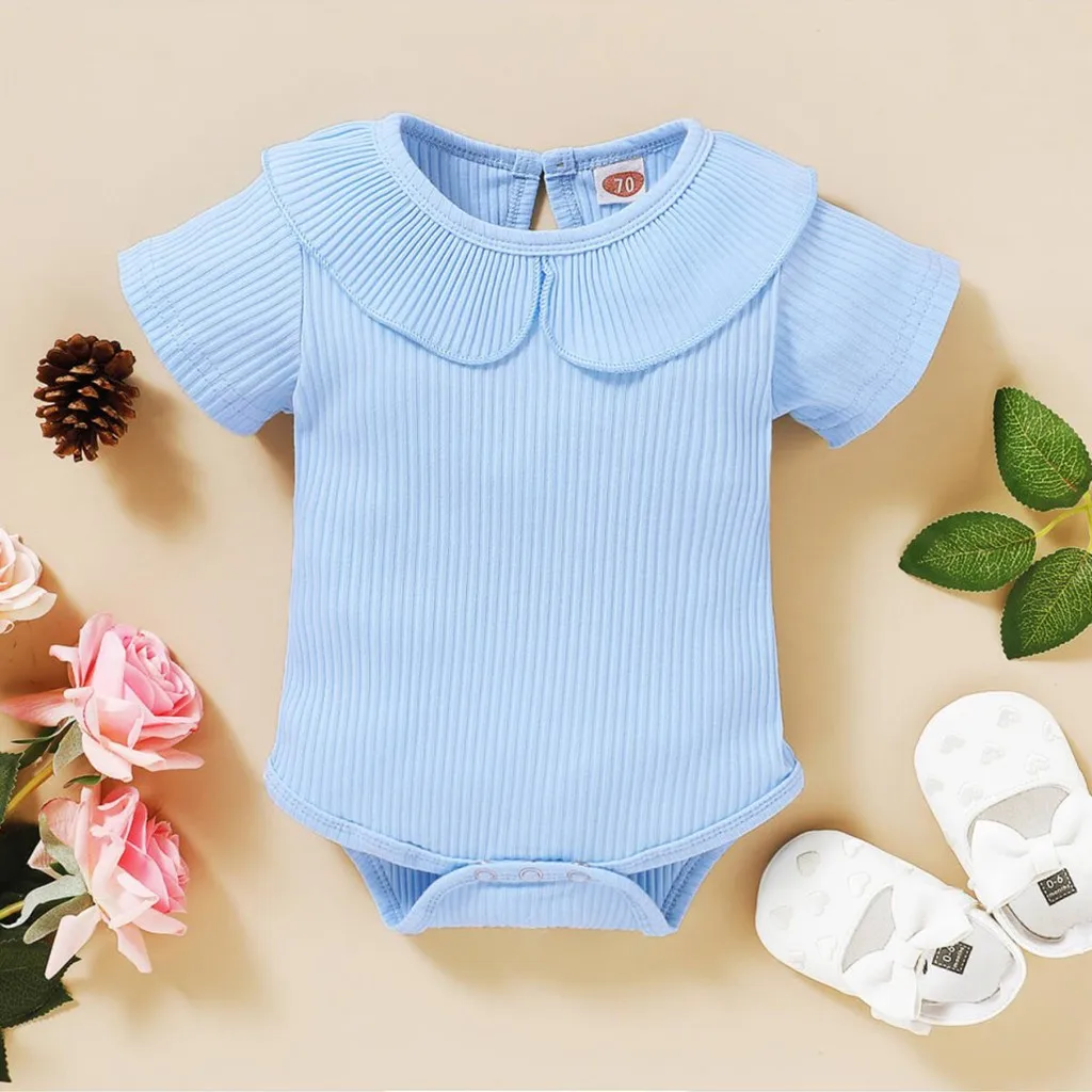 

Baby short-sleeved pit stripe Romper summer comfortable and stylish short-sleeved solid color cute ruffled ribbed knitted S4