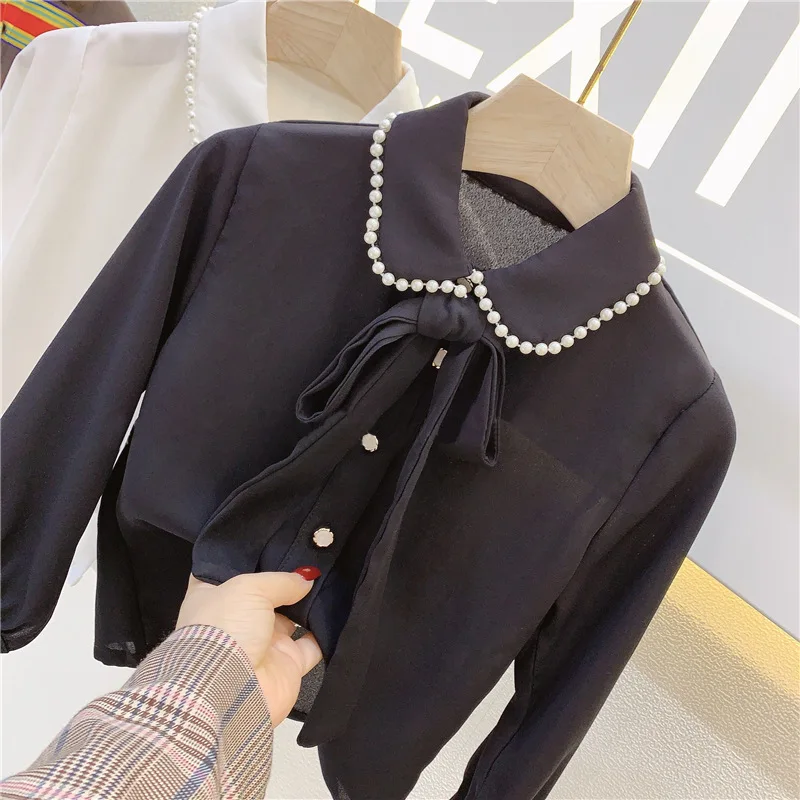 Little Girl's Chiffon Long Sleeve Shirt Autumn New Solid Casual Style Loose Shirt with Pearl Blouse Shirts Elegant