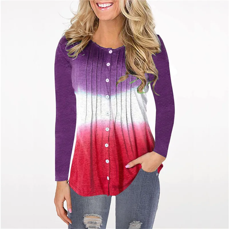 2019 Cotton Women autumn O Neck Cardigan Long Sleeve T shirt Loose Leisure Gradient feminina Tee Female Tops Plus Size S-5XL | Женская