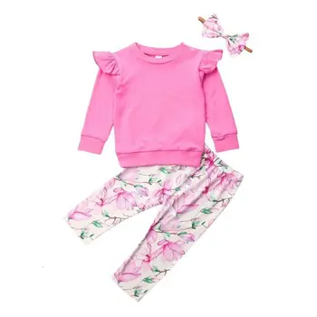 

Newborn Cute Full Sleeve Baby Girl Shirt Tops Long Pants Floral Outfits Clothings Set Headband 0-24 Months