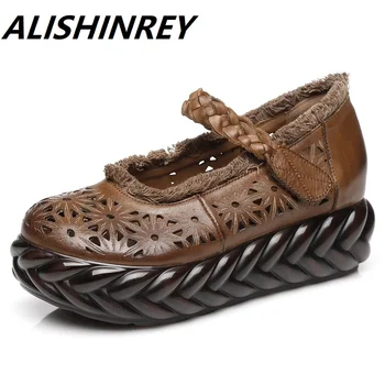 

ALISHINREY Spring Handmade Shoes Platform Wedges Women Pumps Fretwork Cut Out Genuine Leather Women Casual Shoes Zapatos Mujer