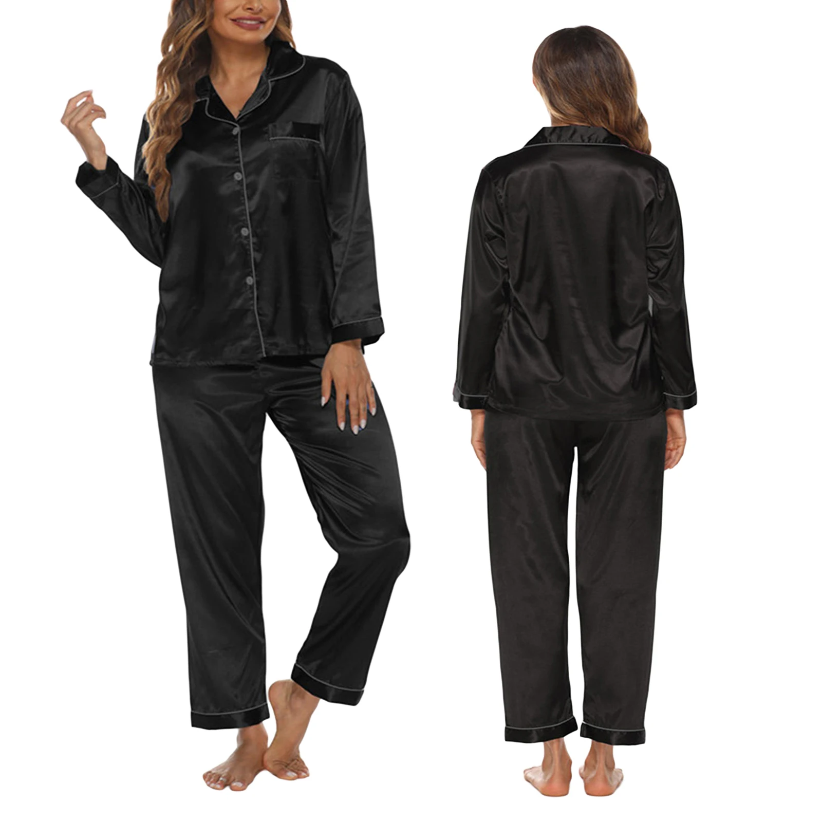 

3 Colors Women Soft Shirt Silk Pants Satin Pajama Set Sleepwear Ladies Long Sleeve Lapel Buttons Straight Loose Homewear Pajamas