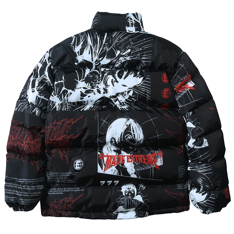 Goedkoop Parka Donsjack Japanse Cartoon Graffiti Print Mannen Winter Gewatteerde Jas Windjack Streetwear Harajuku Jas Hiphop Uitloper