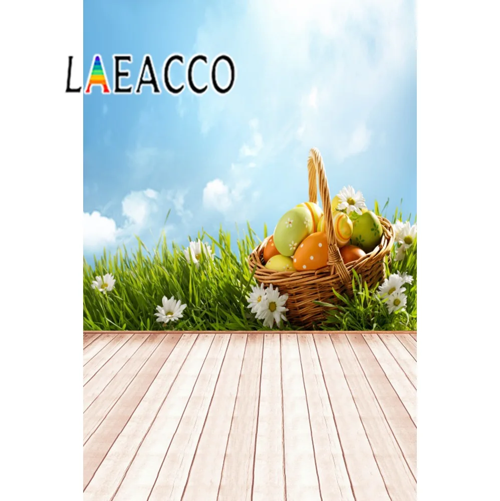 Laeacco Langit Biru Keranjang Telur Paskah Rumput Hijau Bunga Abu Abu Papan Bayi Latar Belakang Foto Foto Latar Belakang Photocall Photo Studio Background Aliexpress