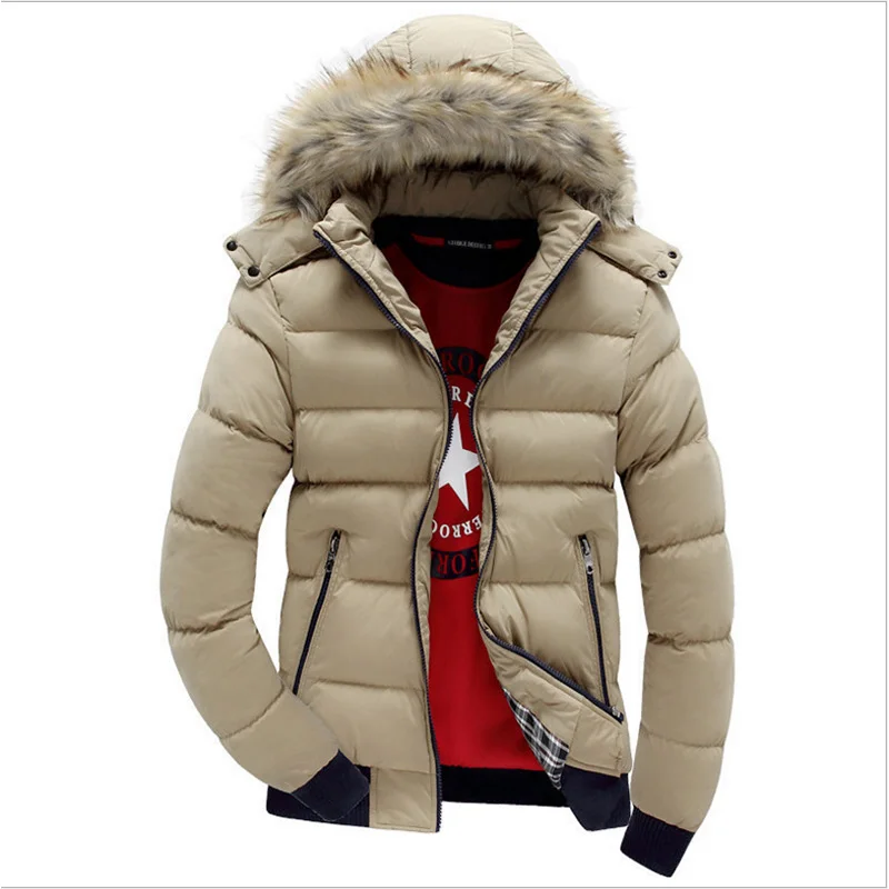 Зимнее пальто с меховым воротником и капюшоном для мужчин, новинка, хлопковая куртка, уплотненная теплая парка из холодного флиса, мужские повседневные пальто - Цвет: FK047 Khaki