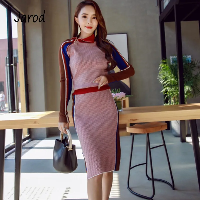 

Autumn Winter Women 2 Piece Set Long Sleeve Hit color Patchwork Zipper Turtleneck Collar Knitted Sweater+Bodycon pencil Skirts