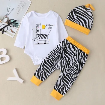 

Newborn Boy Girl Clothes Set Romper+Striped Pants+Hat Infant Clothing Cartoon Zebra Printed Baby Outfit Cotton Toddler Suit 3pcs