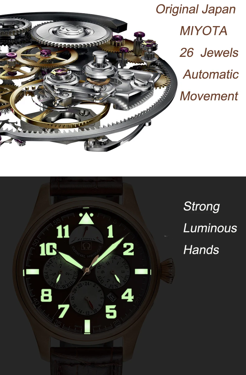 Карнавальный бренд Роскошные мужские часы Япония MIYOTA автоматические механические мужские часы он газ 150 м Водонепроницаемые многофункциональные часы C8675-6