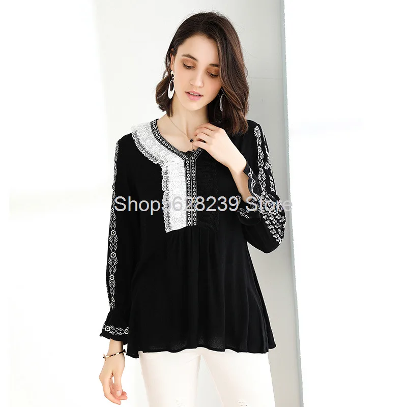 

Heavy Industry Embroidery 2020 Season Female Solid Color Lace Splicing Lotus Leaf Side Length Sleeve Loose Sun Protection Top