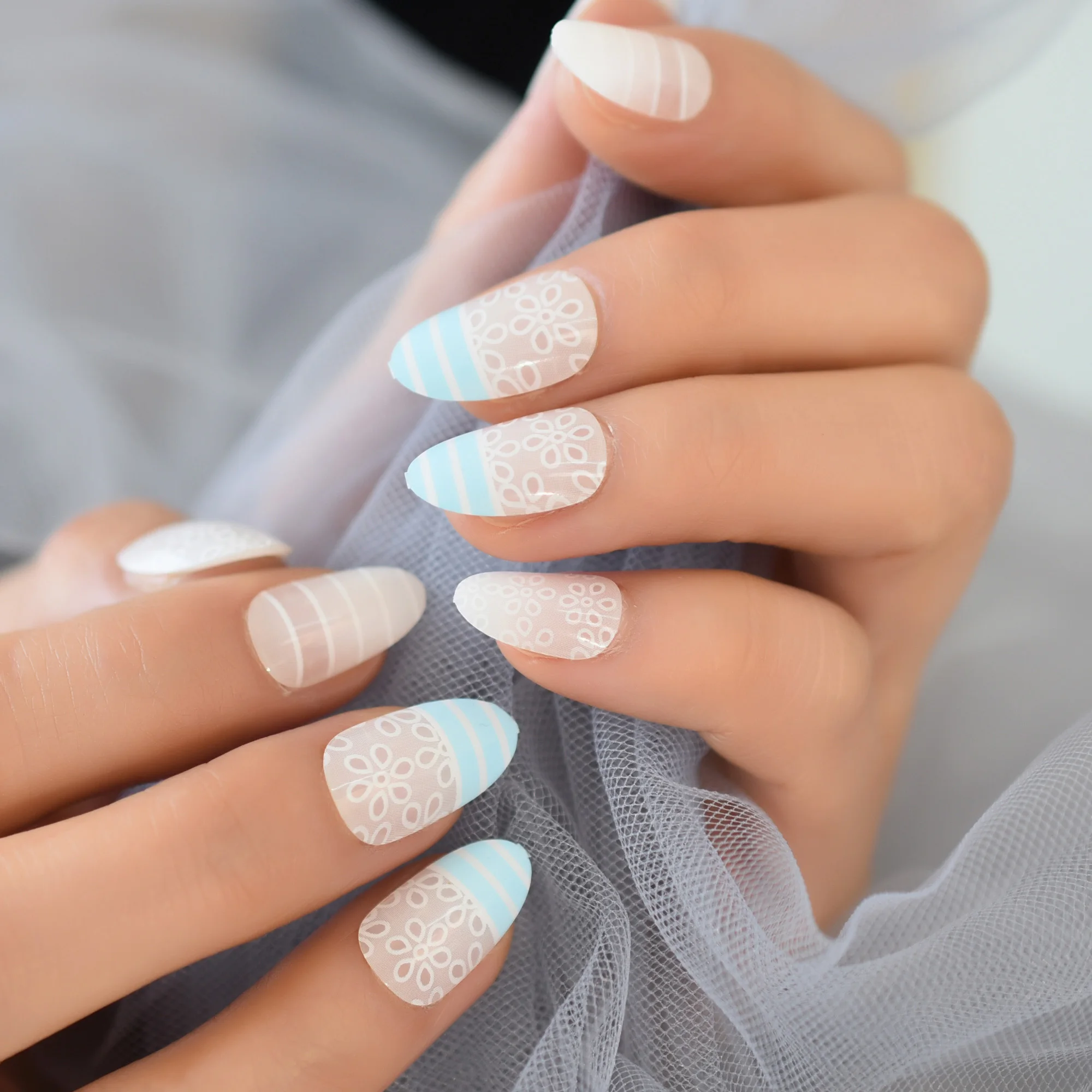 Medium Flower White Fake Nails Almond Blue Designed Pre Glue Wearable Salon Fingernails Artificial Nail Art Tips Aliexpress Beauty Health