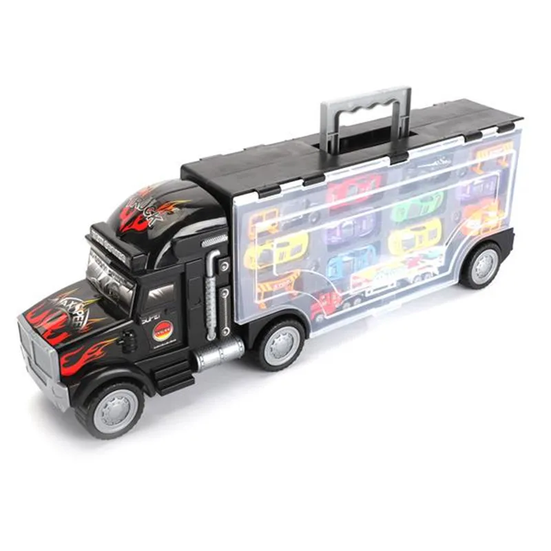 

2-Sided Transport Car Carrier Semi Truck Toy With 9 Cars and 6 Accessories